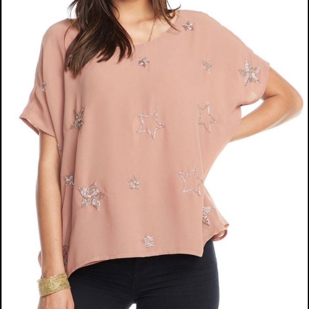 Chaser Rosebud Star Beaded Boxy Scoop Back Blouse Size XS Oversized